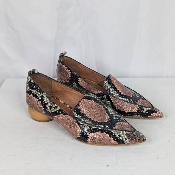 Jeffrey Campbell Viona Snakeskin Wood Heel Pointed Loafers - Picture 1 of 8